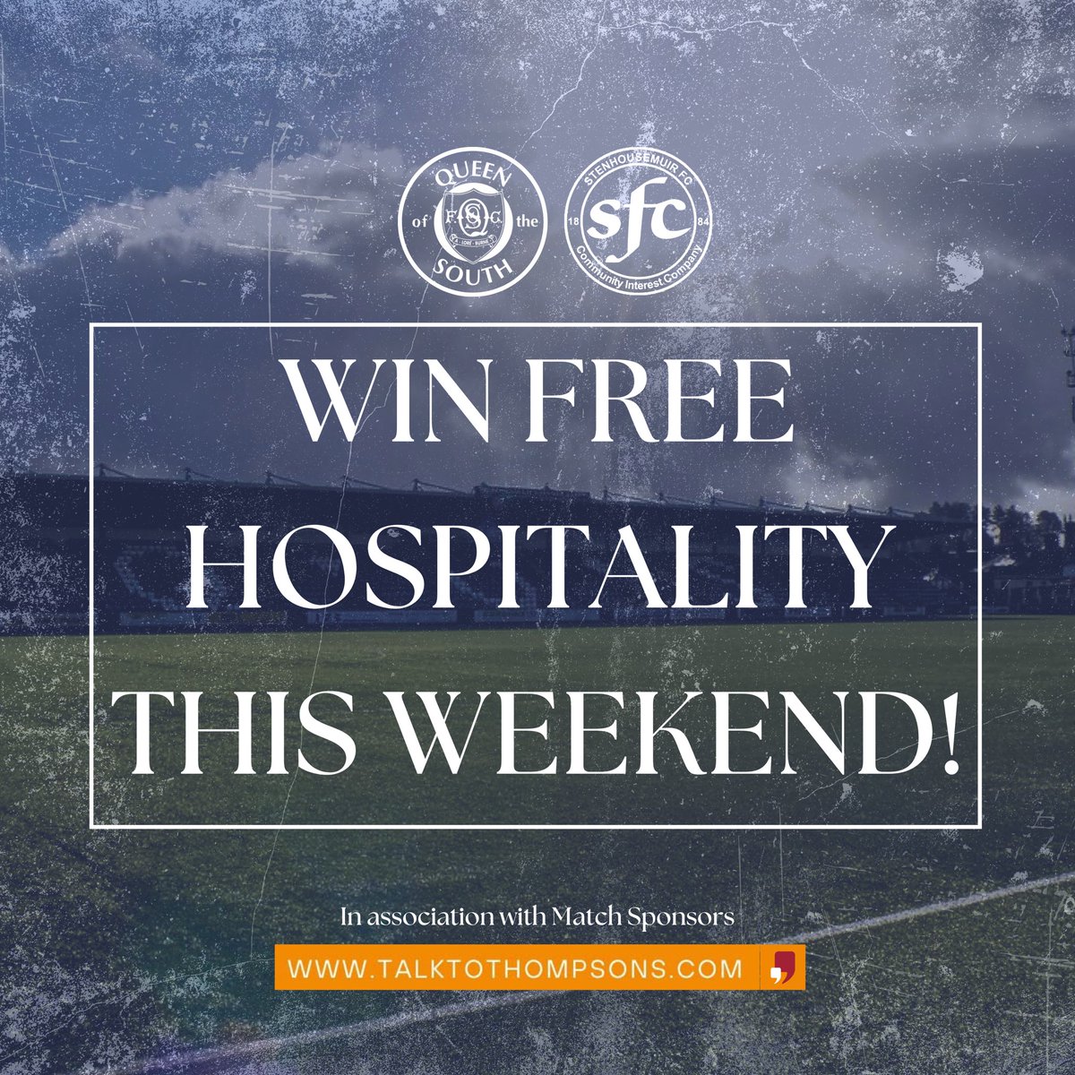 🚨 WIN FREE HOSPITALITY THIS WEEKEND 🚨 

Thanks to our match sponsors Thompsons Solicitors - we are giving away 6 free spaces at Hospitality for this weekend’s huge fixture at Palmerston Park against Stenhousemuir 🏟️ 

All you need to do is like and share this post and comment