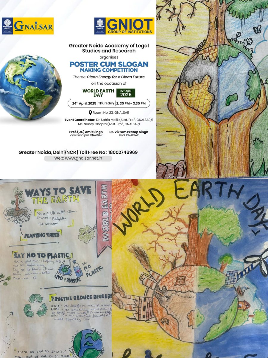 GNIOTCollege's tweet photo. GNALSAR held a Poster-cum-Slogan Competition on April 24, 2025, themed “Clean Energy for a Clean Future”, to mark World Earth Day. Led by Prof. (Dr.) Amit Singh, the event encouraged awareness on sustainability.
#GNALSAR #WorldEarthDay #CleanEnergy #PosterMaking #SloganWriting https://t.co/04kxEcn6XP