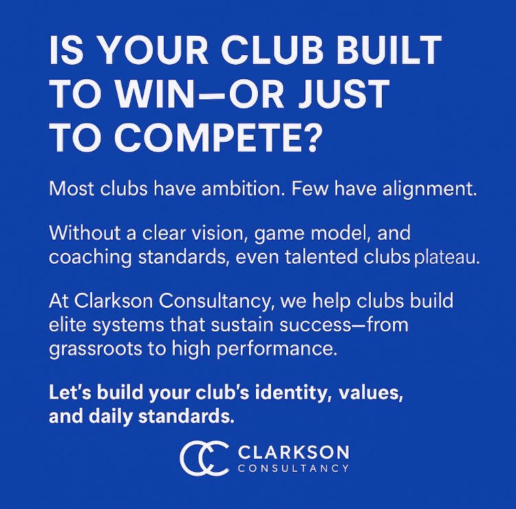jaclarkson's tweet image. Is your club built to win—or just to compete?

Talent matters, but alignment wins.

✅ Vision
✅ Game Model
✅ Coaching Standards
✅ Values
✅ Retention

Build systems, not just teams.

📩 DM to elevate your club.
#ClubDevelopment #CultureWins