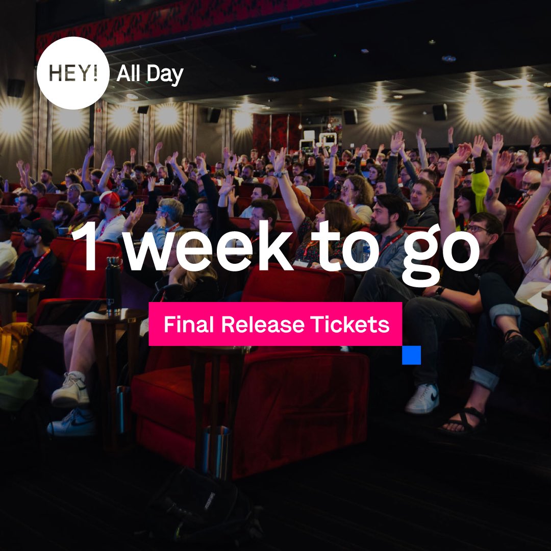 We can’t believe it.. All Day Hey! is NEXT WEEK! 🧡

On the fence about joining us at Everyman Cinema on 1st May? 

There's still time to secure your ticket for the North’s premier, single-track conference for developers, designers, and technology leaders! heypresents.com/conferences/20…