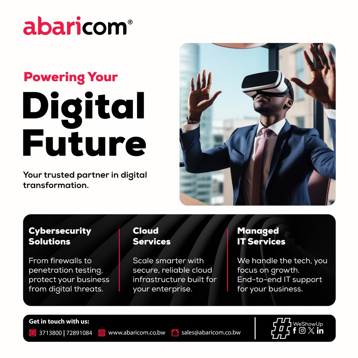Level up your business with Abaricom IT Solutions.

From cybersecurity to cloud services, we deliver secure, scalable, and smart digital solutions tailored for your industry.

#itsolutions
#WeShowUp