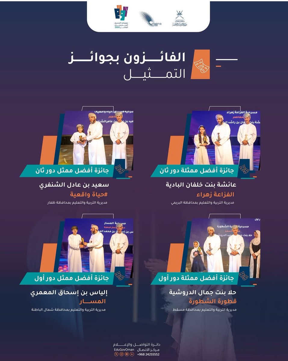 mohammedkhalfa1's tweet photo. أبارك لمسرح تعليمية مسقط حصولهم على أفضل عمل ثان وجائزة أفضل ممثلة دور أول والإجادة في التمثيل وأفضل مكياج وأفضل أزياء وأفضل نص مسرحي في مهرجان المسرح المدرسي العاشر وسعيد أنني جزء من هذا الإنجاز من خلال اشتغالهم على  مسرحية قطورة الشطورة https://t.co/gktYMA6dhQ