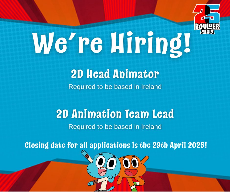 Boulder Media (@bouldermedialtd) on Twitter photo Folks, we're still accepting applications for a couple of exciting roles:
- 2D Head Animator
- 2D Animation Team Lead
The submission window will close on April 29th.
Apply here: 63cfe2b674b466401a5d1aa2.kenjo.io Folks, we're still accepting applications for a couple of exciting roles:
- 2D Head Animator
- 2D Animation Team Lead
The submission window will close on April 29th.
Apply here: 63cfe2b674b466401a5d1aa2.kenjo.io