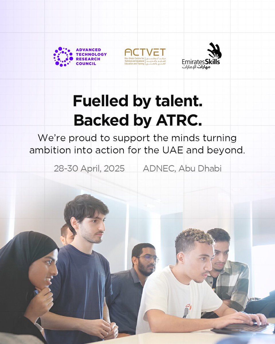 atrcuae's tweet photo. What if a competition could shape a nation’s future? At the Emirates Skills National Competition, 400+ Emirati students are doing just that—building tomorrow, today.
Backed by @ATRC_UAE. Live at ADNEC Abu Dhabi.
#ATRC #ENSC #STEM #Innovation #UAEYouth https://t.co/6vDpZ8EWtR