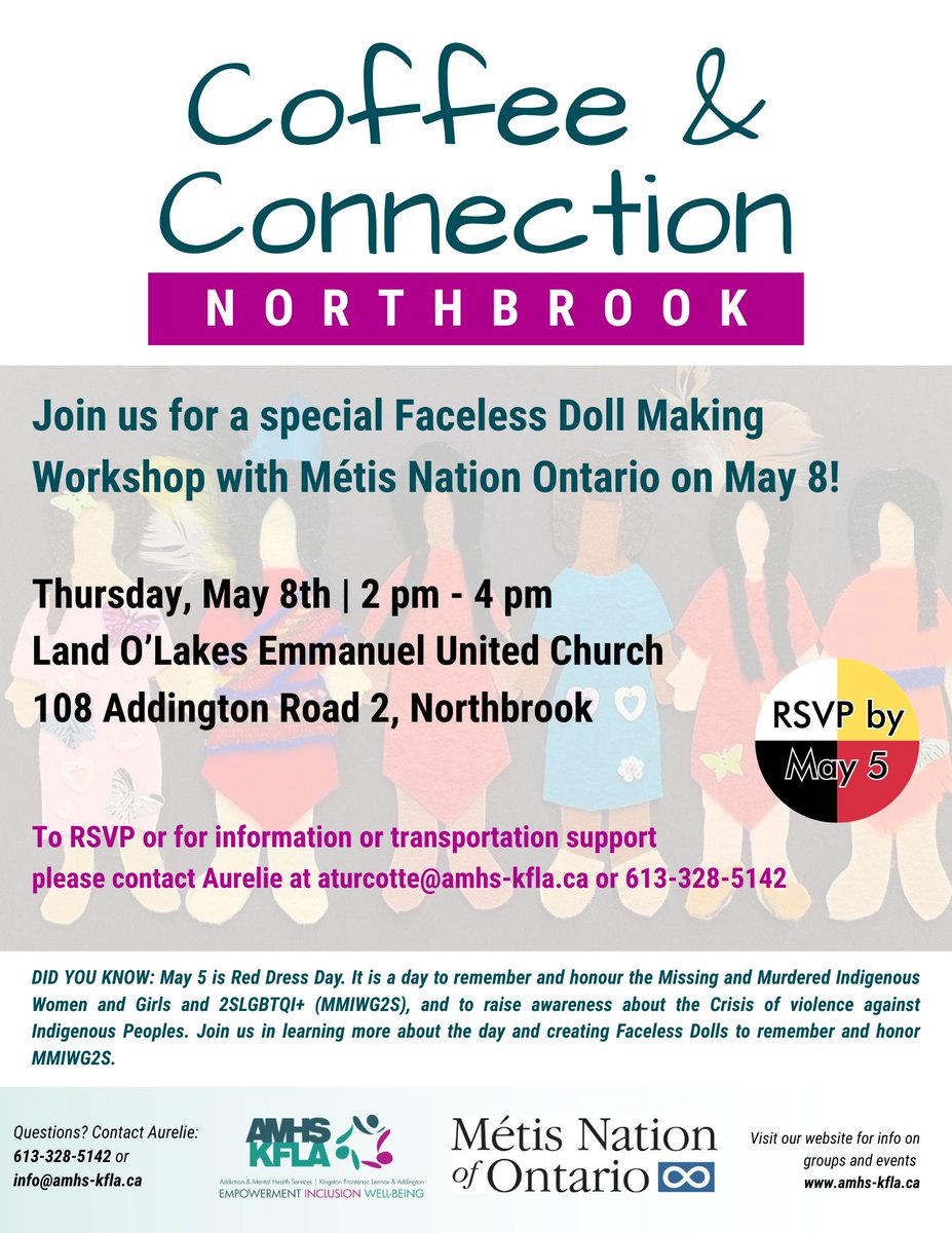amhskfla (@amhskfla) on Twitter photo Coffee & Connections is back in #Northbrook every Thursday! All we welcome to connect and create with us. Join us May 8th for a special faceless doll workshop with <a href="/MetisNationON/">Métis Nation of Ontario</a> to mark #RedDressDay - please RSVP for this session so we have enough supplies for everyone. Coffee & Connections is back in #Northbrook every Thursday! All we welcome to connect and create with us. Join us May 8th for a special faceless doll workshop with <a href="/MetisNationON/">Métis Nation of Ontario</a> to mark #RedDressDay - please RSVP for this session so we have enough supplies for everyone.