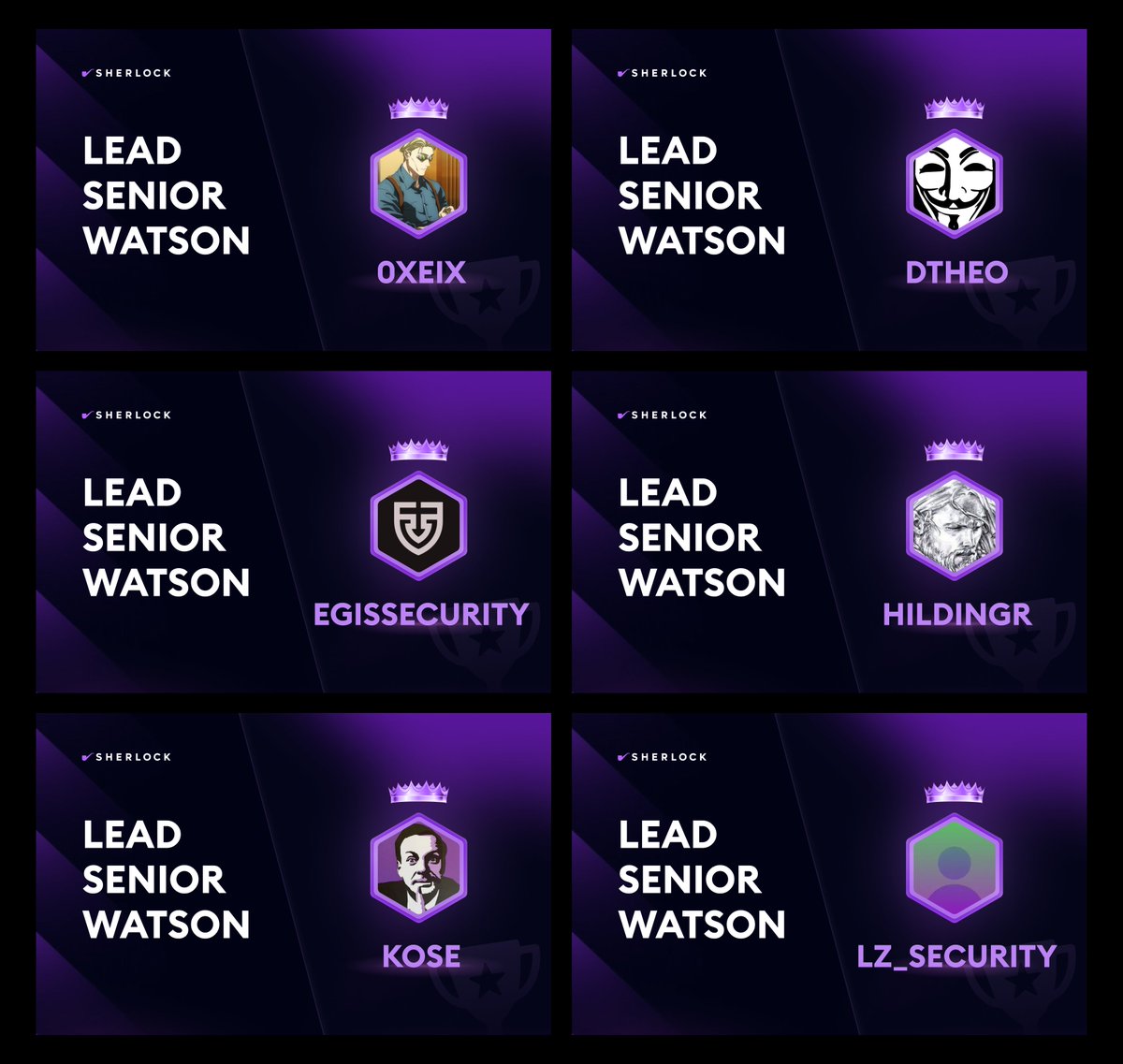 Over the past couple of weeks, 6 new researchers have achieved the title of Senior Watson on Sherlock. 

Only 38 researchers now hold this prestigious title. 

Please congratulate these rising stars shooting up our leaderboard! 

<a href="/_onlyowner/">rodion</a>, <a href="/infosecual/">dtheo</a>, <a href="/hildingrr/">hildingr</a>, <a href="/EgisSec/">Egis Security</a>