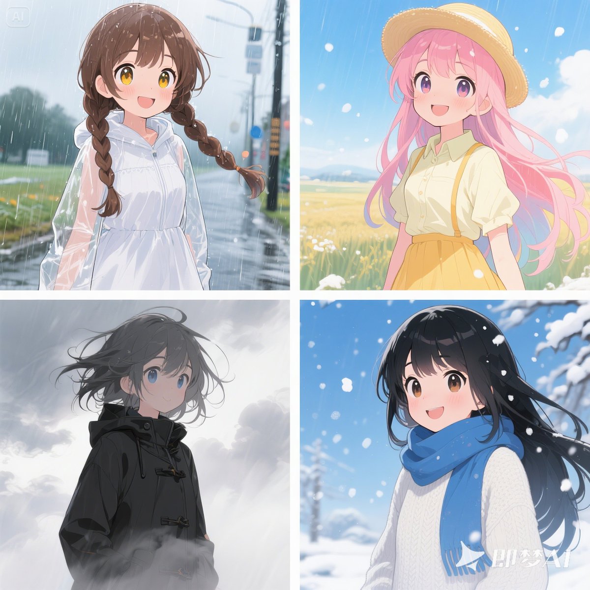 DomDomLiu's tweet image. This AI-generated four-panel artwork of an anime girl in rain, sun, wind, and snow is stunning! The vibrant details shine. What’s the AI tool behind this creation? Share your favorite AI art styles! #AIArt #AnimeTech #GenerativeAI