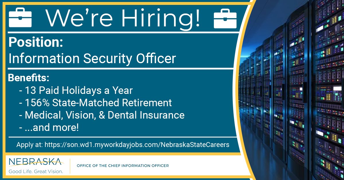Upgrade your cybersecurity career! The Nebraska OCIO is looking for an Information Security Officer who will work with vendors to secure data and serve as a point-of-contact with national agencies among other important duties.

Apply today! son.wd1.myworkdayjobs.com/en-US/Nebraska… #HiringNow