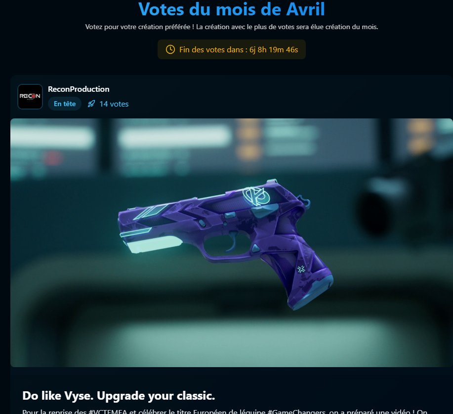 EsportCreate's tweet image. Plus que 6 jours pour élire la création #KCORP la plus marquante du mois d’avril !

🟢 En tête : @ReconProduction avec 14 voix
🔵 En deuxième position : @Yasin1859 avec 13 voix

La lutte est serrée ! Faites entendre votre voix et votez dès maintenant :
kcreate.fr/classement