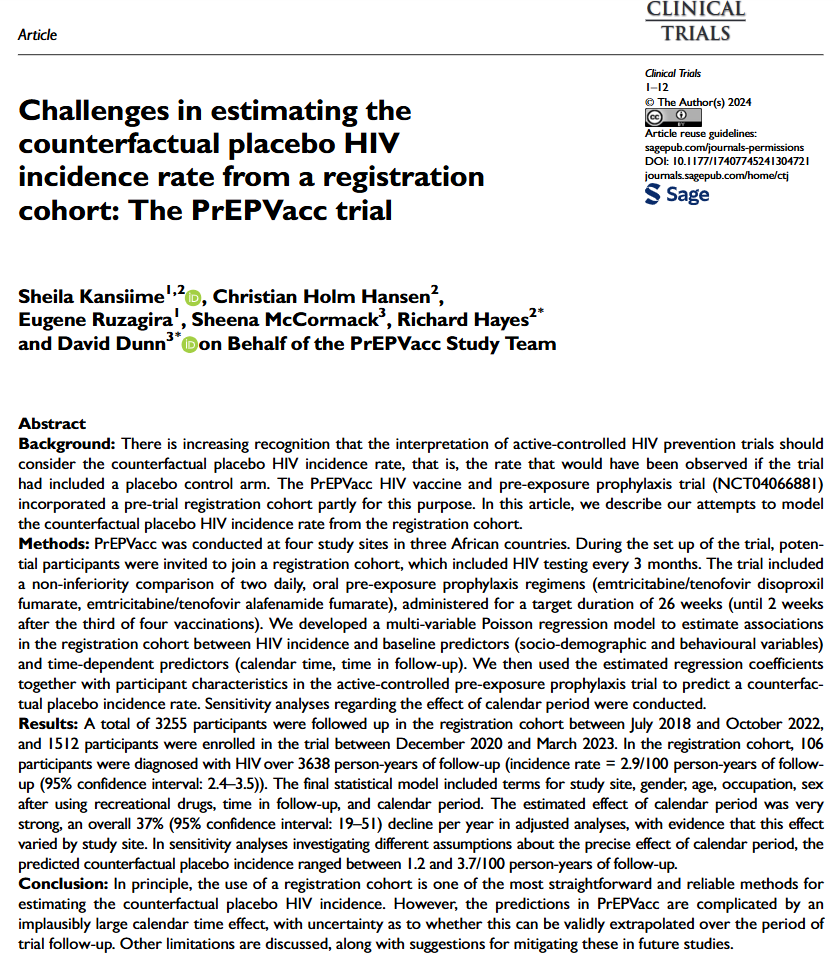 Colin Begg (@colinbbegg) on Twitter photo Estimation of a counterfactual placebo event rate in an active control study is technically challenging. Sheila Kanslime and colleagues examine these challenges in the context of a PrEP HIV trial with a pre-registration cohort. <a href="/MRC_Uganda/">MRC/UVRI and LSHTM Uganda Research Unit</a> <a href="/PrEPVacc/">PrEPVacc</a> <a href="/SCTorg/">SCTorg</a> #clinicaltrials Estimation of a counterfactual placebo event rate in an active control study is technically challenging. Sheila Kanslime and colleagues examine these challenges in the context of a PrEP HIV trial with a pre-registration cohort. <a href="/MRC_Uganda/">MRC/UVRI and LSHTM Uganda Research Unit</a> <a href="/PrEPVacc/">PrEPVacc</a> <a href="/SCTorg/">SCTorg</a> #clinicaltrials