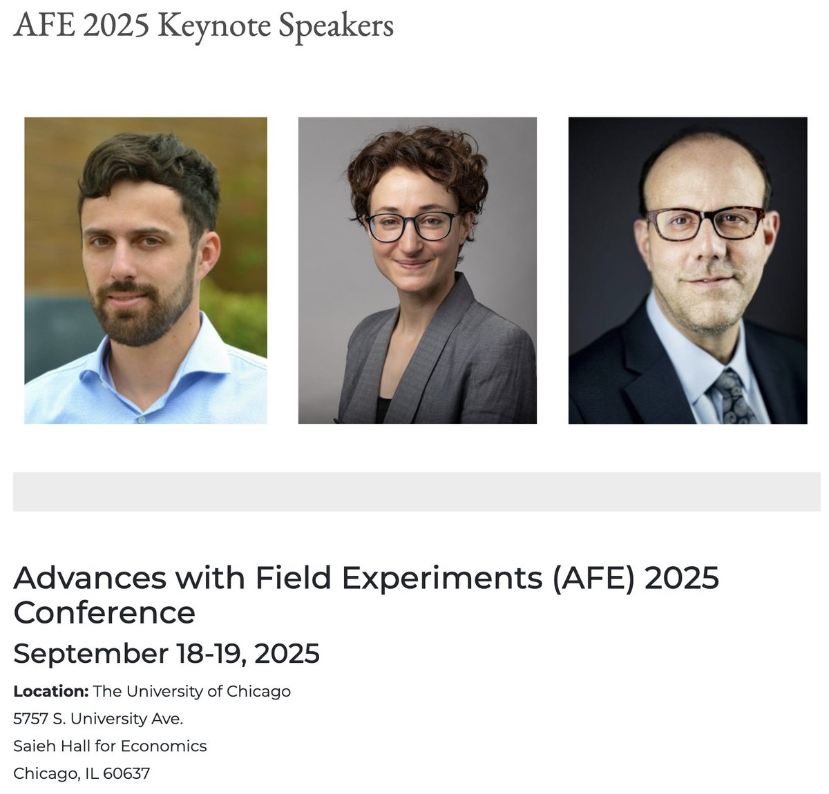 Robert Metcalfe (@rdmetcalfe) on Twitter photo Final call for abstracts for AFE2025!
<a href="/Econ_4_Everyone/">John A. List</a> and I are excited to host another year of the conference at UChicago.
Please submit your abstracts here: fs2.formsite.com/UChicagoEconom…
Deadline: May 9th
Keynotes: Bursztyn (UChicago), Cullen (HBS), and Kremer (UChicago) Final call for abstracts for AFE2025!
<a href="/Econ_4_Everyone/">John A. List</a> and I are excited to host another year of the conference at UChicago.
Please submit your abstracts here: fs2.formsite.com/UChicagoEconom…
Deadline: May 9th
Keynotes: Bursztyn (UChicago), Cullen (HBS), and Kremer (UChicago)