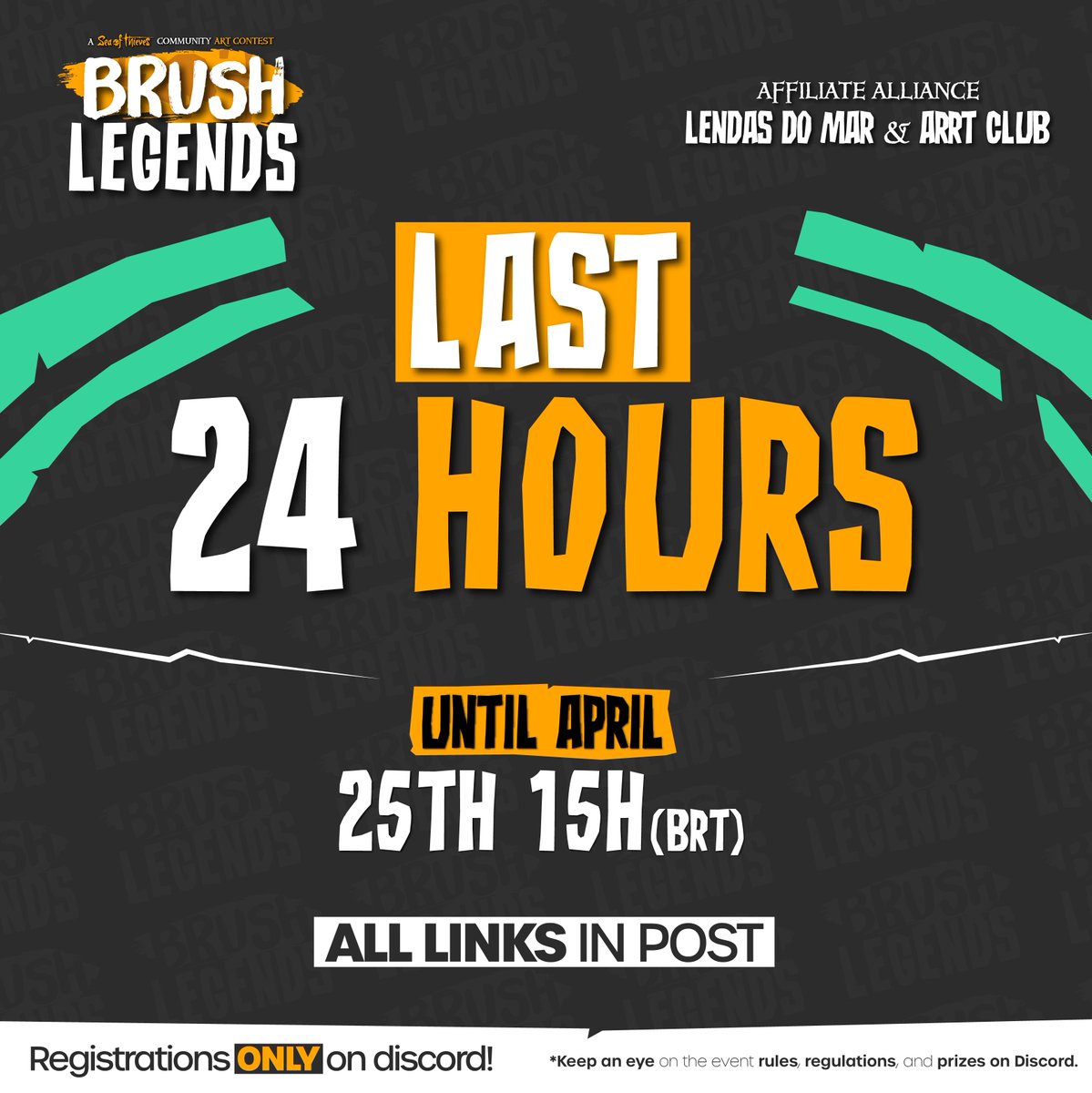 🚨Last 24 Hours Left to Join Brush Legends!

Check the rules and be in the Discords: 
<a href="/ArrtClub/">The Arrt Club</a> (discord.gg/67gnnfVb) and <a href="/LendasdomarBR/">Lendas do Mar Brasil</a> (discord.gg/lendasdomar)

Send to Lendomar Bot your artwork to participate!
The winner will be announced in livestream at 26th!
Cheers! 🍻