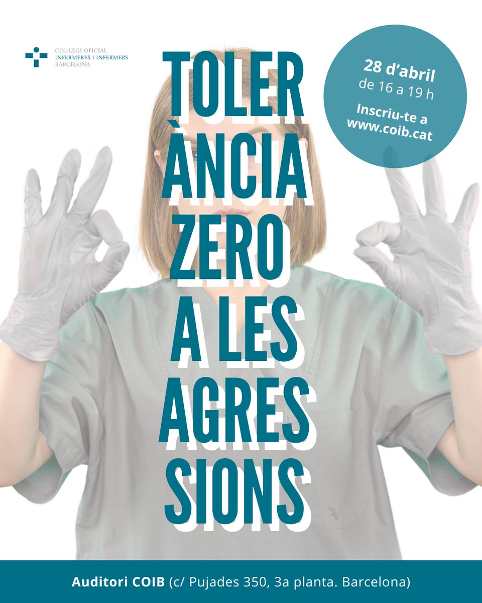 Aquest dilluns tindrà lloc la jornada "Tolerància zero a les agressions en l’entorn sanitari", amb l’objectiu d’abordar una de les problemàtiques més preocupants per a la nostra professió.

📅 28 d’abril, de 16 a 19 h.
 🔗Encara no t’has inscrit? coib.cat/ca-es/col-legi…