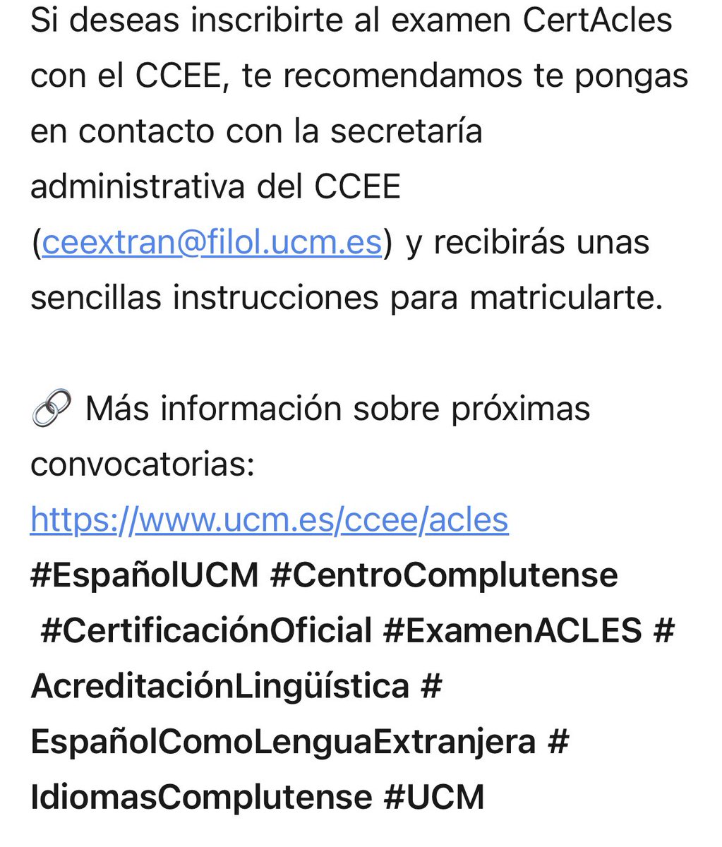 🧑‍💻Con nosotros puedes acreditar tu nivel B2 de español.✈️
👉ucm.es/ccee/acles

#EspañolUCM #CentroComplutense #CertificaciónOficial #ExamenACLES #AcreditaciónLingüística #EspañolComoLenguaExtranjera #IdiomasComplutense #UCM