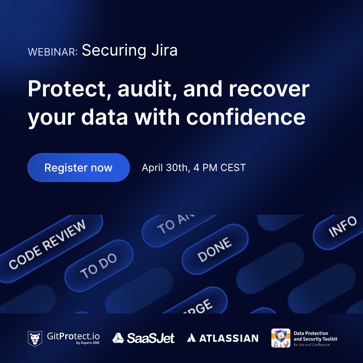 🚀 It’s almost in a week, April 30th at 4 PM CEST (10 AM CST)! Join GitProtect.io, <a href="/SaaSJet_Jira/">SaaSJet</a> , <a href="/Atlassian/">Atlassian</a> , <a href="/seibertmediaeng/">Seibert Media Corp.</a> and find out the best practices to improve your Jira #security and #compliance!

Link for registration: register.gotowebinar.com/register/64762…
