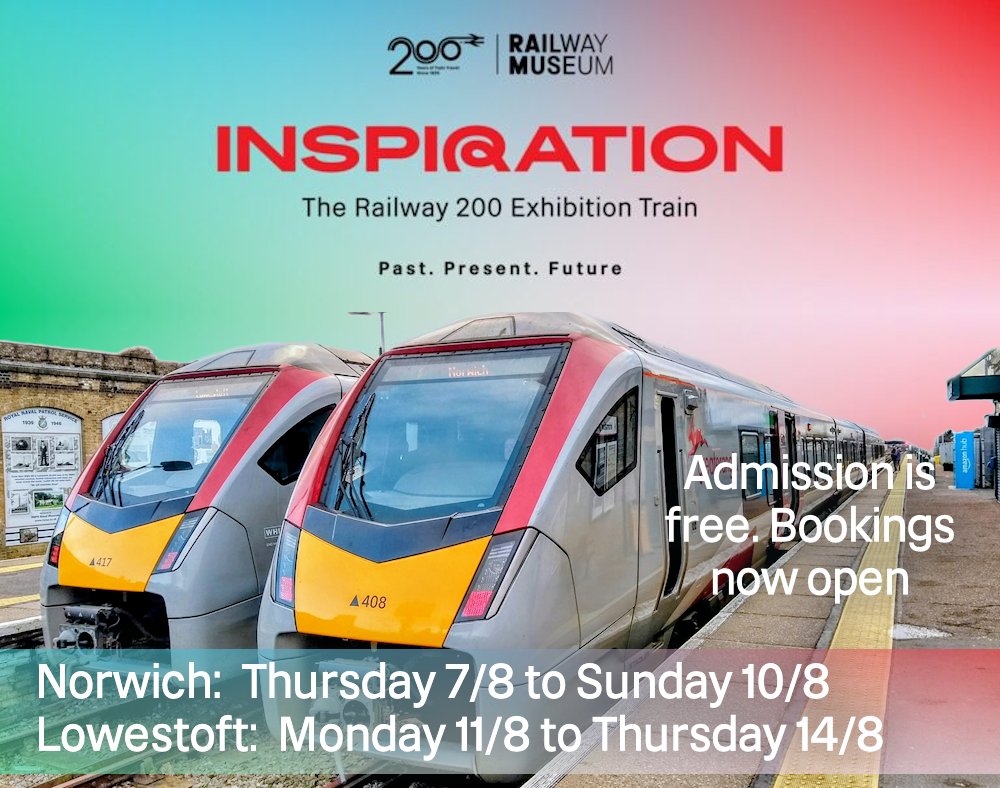 East Suffolk Lines (@eastsuffolkline) on Twitter photo Bookings are now open to visit 'Inspiration.' It's the special <a href="/railway200/">railway200</a> exhibition train visiting 60 locations including <a href="/greateranglia/">Greater Anglia</a> Norwich 7th to 10th August and Lowestoft 11th to 14th August.
Admission is FREE!
Spaces are limited. BOOK NOW!
railway200.co.uk/inspiration Bookings are now open to visit 'Inspiration.' It's the special <a href="/railway200/">railway200</a> exhibition train visiting 60 locations including <a href="/greateranglia/">Greater Anglia</a> Norwich 7th to 10th August and Lowestoft 11th to 14th August.
Admission is FREE!
Spaces are limited. BOOK NOW!
railway200.co.uk/inspiration
