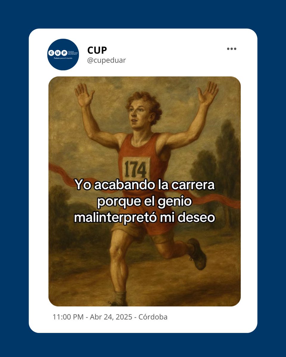 👀 ¿Extrañaban los memes CUP?

Porque estudiar es serio, pero también podemos reírnos en el camino...

👟 Nos vemos en la línea de meta... o en la facu.