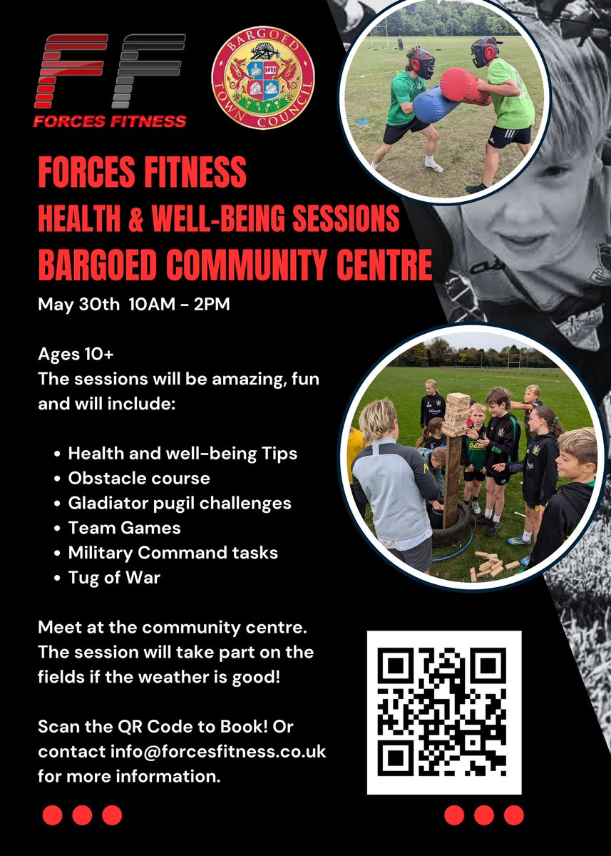 FREE forces fitness sessions in  Bargoed, during Whitsun May Holiday period! Please  Scan the QR code to book your place! 👍🥊 Ages 10+