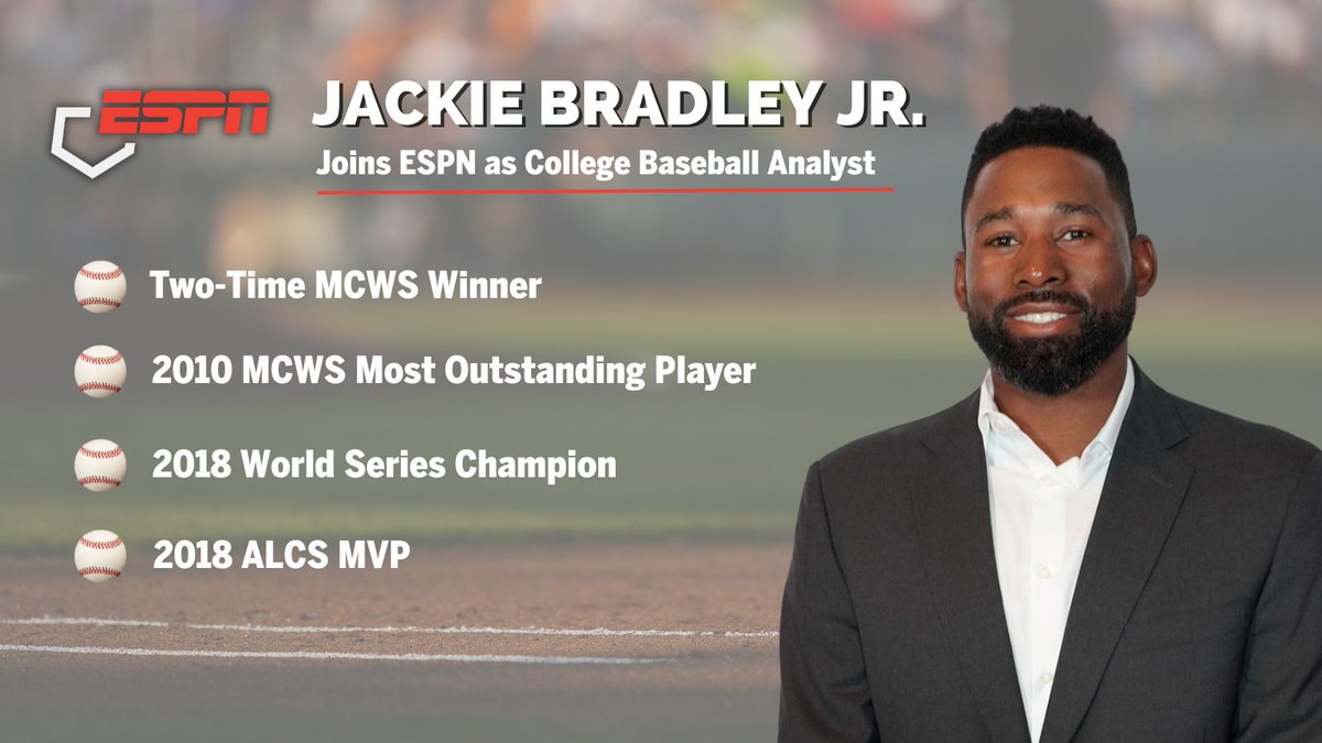 ESPN PR (@espnpr) on Twitter photo Former <a href="/CWSOmaha/">College World Series of Omaha</a> Most Outstanding Player <a href="/JackieBradleyJr/">Jackie Bradley Jr.</a> joins ESPN as a college baseball studio & game analyst
This weekend, Bradley Jr. will make his studio debut on <a href="/SECNetwork/">SEC Network</a>
Details: bit.ly/42XDkae | #NCAABaseball Former <a href="/CWSOmaha/">College World Series of Omaha</a> Most Outstanding Player <a href="/JackieBradleyJr/">Jackie Bradley Jr.</a> joins ESPN as a college baseball studio & game analyst
This weekend, Bradley Jr. will make his studio debut on <a href="/SECNetwork/">SEC Network</a>
Details: bit.ly/42XDkae | #NCAABaseball