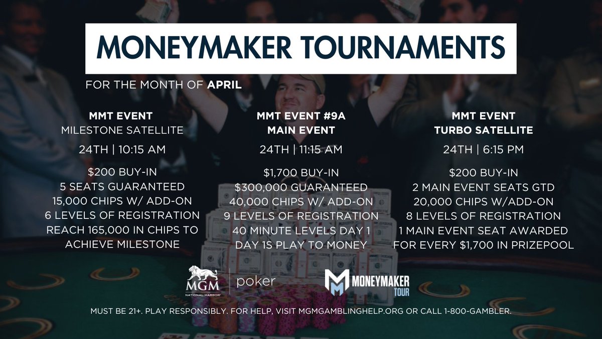MGM National Harbor Poker (@mgmnh_poker) on Twitter photo THURSDAY!
<a href="/MoneymakerTour/">Moneymaker Tour</a>
♠️Main Event kicks off!
♥️High Hands all day for cash players
♦️Meet <a href="/CMONEYMAKER/">Chris Moneymaker</a> 5PM @ TAP Sports Bar
♣️7PM MUG hosted by Chris & your favorite <a href="/BetMGMPoker/">BetMGM Poker</a> vloggers <a href="/abbypoker_/">Abby Merk</a> <a href="/brantzenpoker/">Brantzen Poker</a>
#MoneymakerTour #Poker #MUGNight THURSDAY!
<a href="/MoneymakerTour/">Moneymaker Tour</a>
♠️Main Event kicks off!
♥️High Hands all day for cash players
♦️Meet <a href="/CMONEYMAKER/">Chris Moneymaker</a> 5PM @ TAP Sports Bar
♣️7PM MUG hosted by Chris & your favorite <a href="/BetMGMPoker/">BetMGM Poker</a> vloggers <a href="/abbypoker_/">Abby Merk</a> <a href="/brantzenpoker/">Brantzen Poker</a>
#MoneymakerTour #Poker #MUGNight
