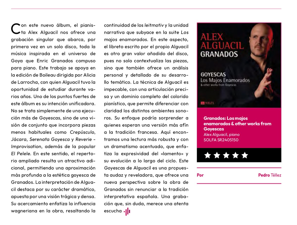 Gracias!!! #revistamelomano
"Las Goyescas de Alguacil son una propuesta audaz y reveladora, que ofrece una nueva perspectiva sobre la obra de Granados sin renunciar a la tradición interpretativa española. Una grabación que, sin duda, merece una atenta escucha."