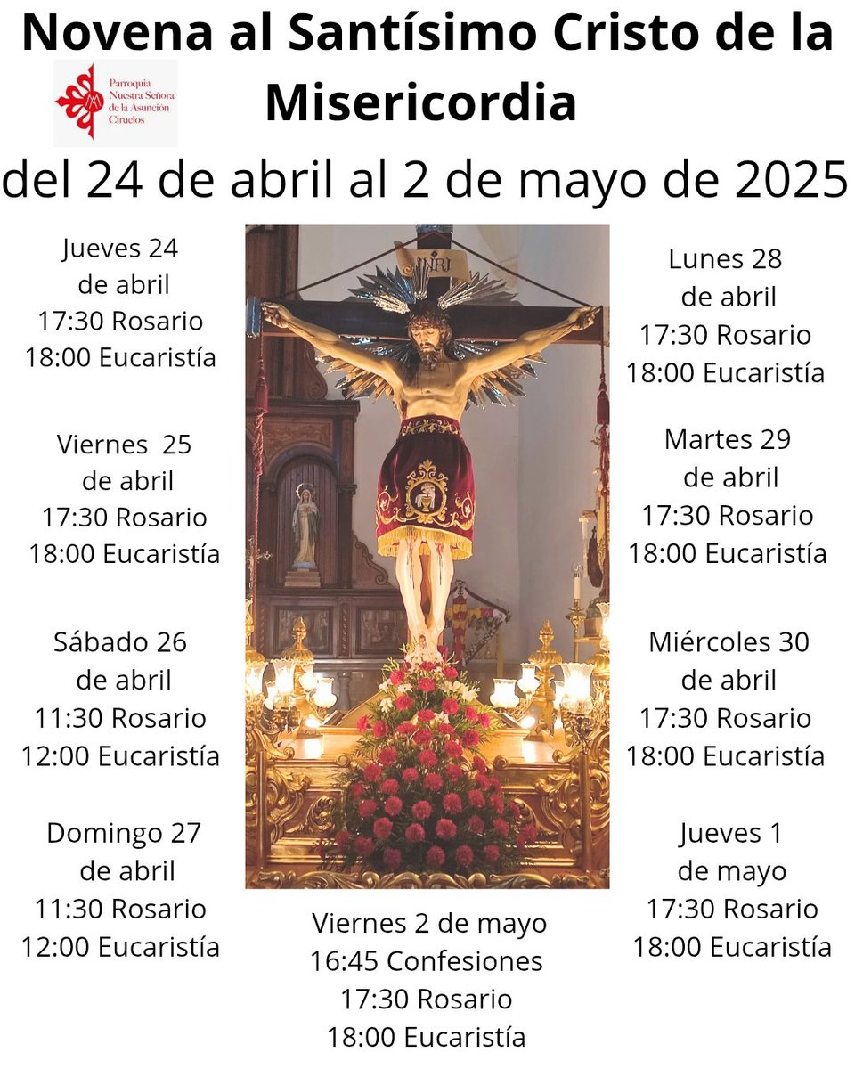 Comenzamos la Novena al Santísimo Cristo de la Misericordia . 
A las 17:30 Rosario y a las 18:00 Eucaristía