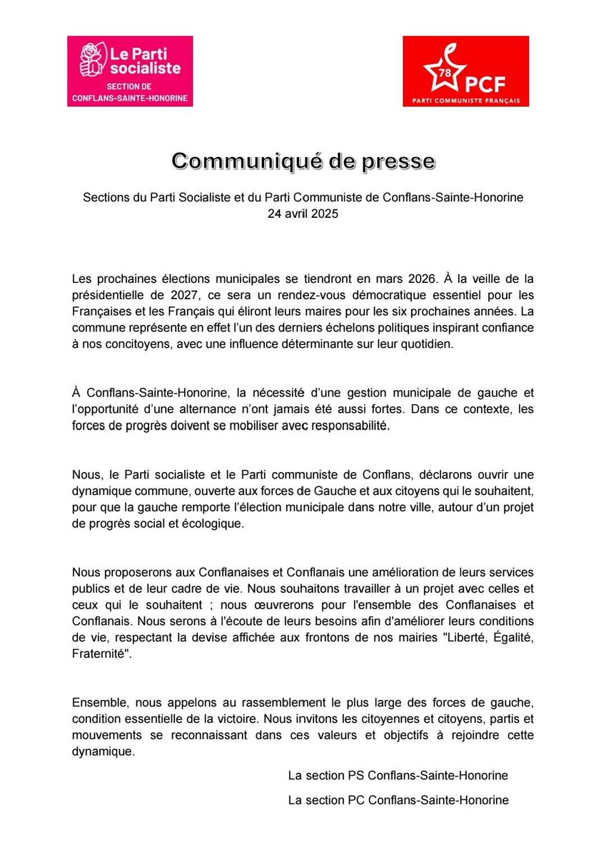 Avec les socialistes et communistes de #Conflans, nous ouvrons une dynamique de rassemblement à gauche, ouverte à tous les citoyen-nes et forces politiques qui le souhaitent, pour établir un projet de progrès social et écologique pour la Ville. 
Créons la victoire avec vous! 🫵