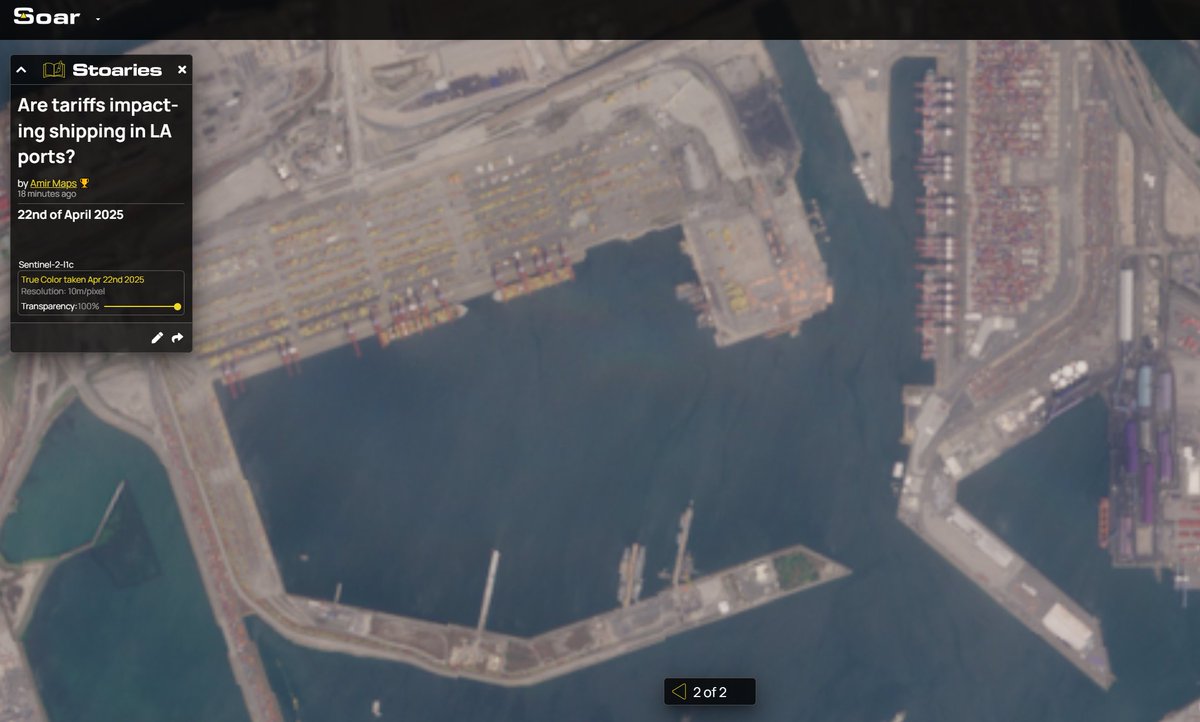 Amir (@x4rius) on Twitter photo Are the US tariffs impacting ports? Lets use space to see what's going on... Exhibit A...the Port of Los Angeles ⚓️ Imaged April 2024 vs April 2025. Zoom in to see for yourself 📸 via soar.earth/draw/2147
CC: <a href="/visegrad24/">Visegrád 24</a> <a href="/AlexBarnicoat_/">Alex Barnicoat</a> <a href="/typesfast/">Ryan Petersen</a> <a href="/MarineTraffic/">MarineTraffic</a> Are the US tariffs impacting ports? Lets use space to see what's going on... Exhibit A...the Port of Los Angeles ⚓️ Imaged April 2024 vs April 2025. Zoom in to see for yourself 📸 via soar.earth/draw/2147
CC: <a href="/visegrad24/">Visegrád 24</a> <a href="/AlexBarnicoat_/">Alex Barnicoat</a> <a href="/typesfast/">Ryan Petersen</a> <a href="/MarineTraffic/">MarineTraffic</a>