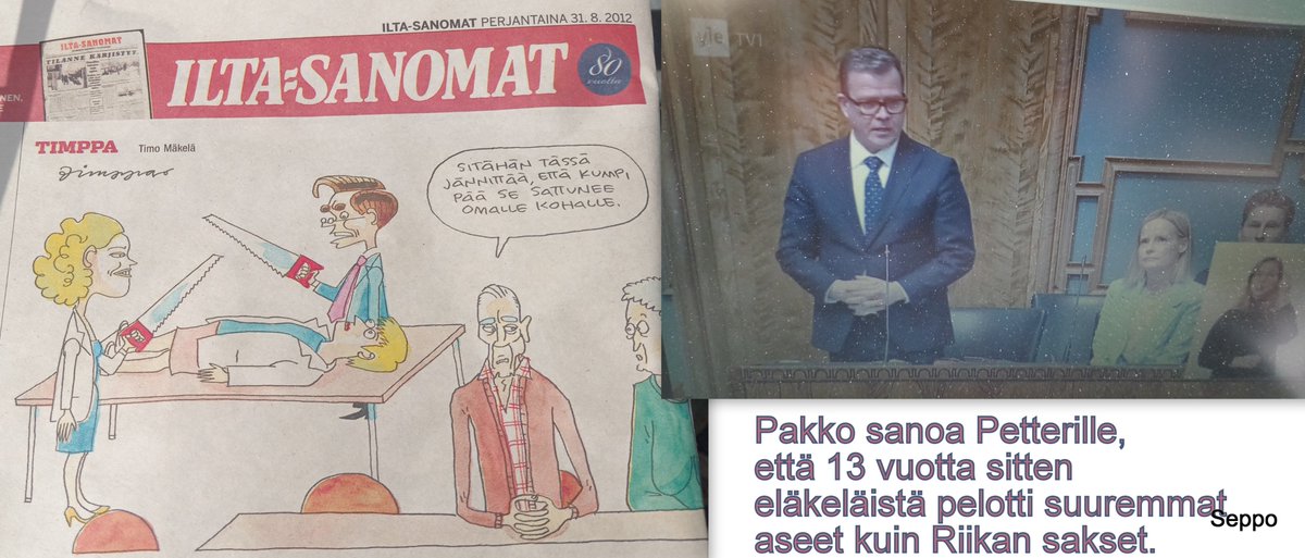 Seppo T. Tuominen (@paukkula) on Twitter photo Pihahellan puulatikossa oli 31.8.2012 <a href="/iltasanomat/">Ilta-Sanomat</a> ja kyllä rupesi naurattamaan tämä nykypolitiikka.
Pelkät puheet ei ketään pelasta, vai kuinka ajattelee #Nukkujienpuolue? Pihahellan puulatikossa oli 31.8.2012 <a href="/iltasanomat/">Ilta-Sanomat</a> ja kyllä rupesi naurattamaan tämä nykypolitiikka.
Pelkät puheet ei ketään pelasta, vai kuinka ajattelee #Nukkujienpuolue?
