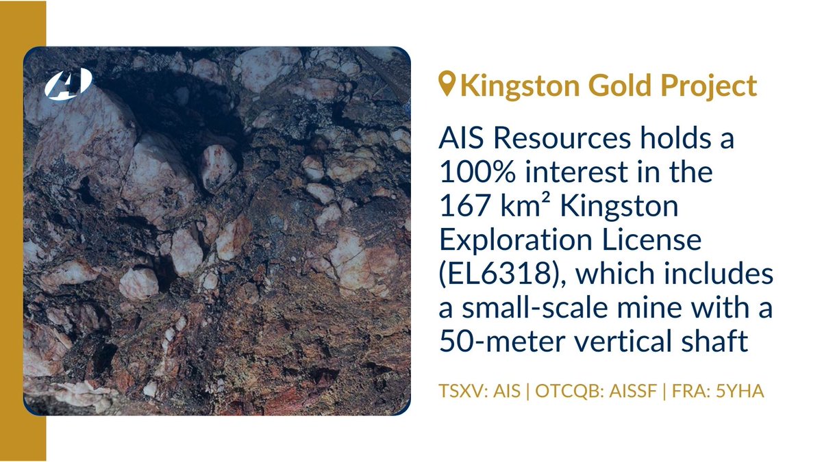 Key Gold Project in Australia 📍 Kingston Gold Project
AIS Resources holds a 100% interest in the 167 km² Kingston Exploration License (EL6318), which includes a small-scale mine with a 50-meter vertical shaft.
👉 stockmkt.info/3Xft0r3 
🇨🇦 $AIS 🇺🇸 $AISSF 🇩🇪 5YHA