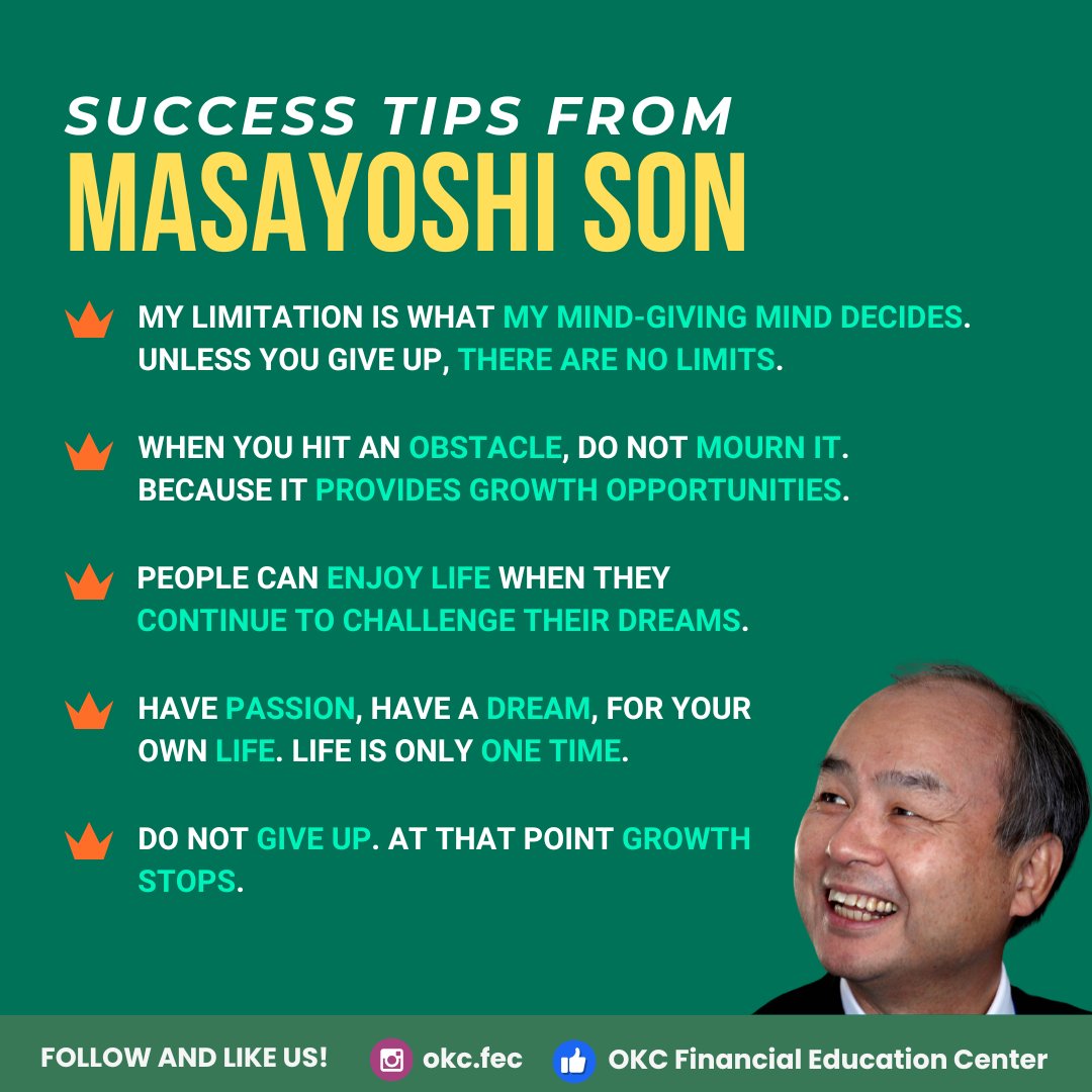 okcfec's tweet photo. Masayoshi Son’s visionary leadership reminds us: “Think big, start small, move fast.” Let’s keep building a future of financial freedom—together. 🚀
#WorldSystemBuilder #MasayoshiSon #FinancialEducation #LeadershipWisdom #SuccessMindset #ThinkBigStartSmall https://t.co/IPOLhtWjcC