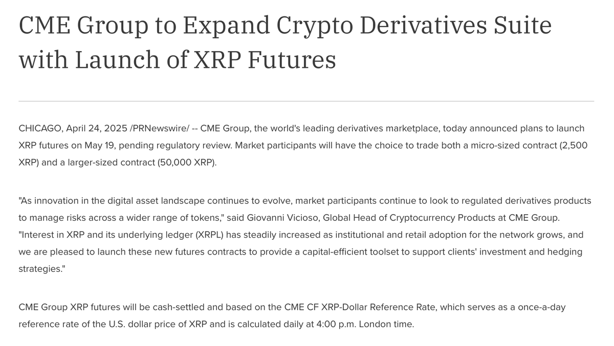 CME Group announces XRP Futures starting May 19th.