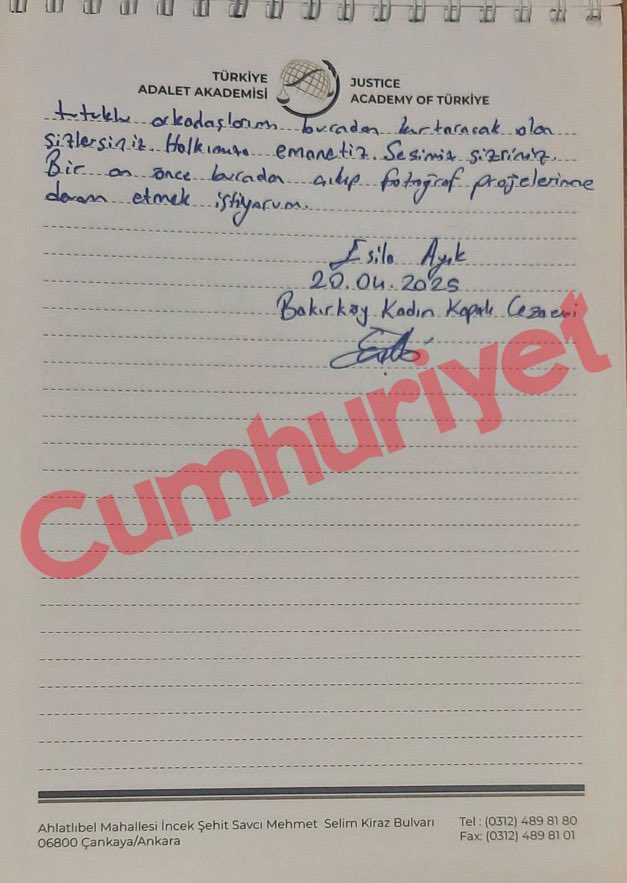 🔴 Esila Ayık. 22 yaşında bir üniversite öğrencisi. 9 Nisan 2025 tarihinden beri tutuklu. Kronik kalp ve böbrek hastası. İstanbul Tabip Odası, Ayık’ın sağlık durumunun ciddiyetine dikkat çekerek serbest bırakılmasını istedi. Esila, uzun süre ilaçlarını temin edemedi. “Sağlık