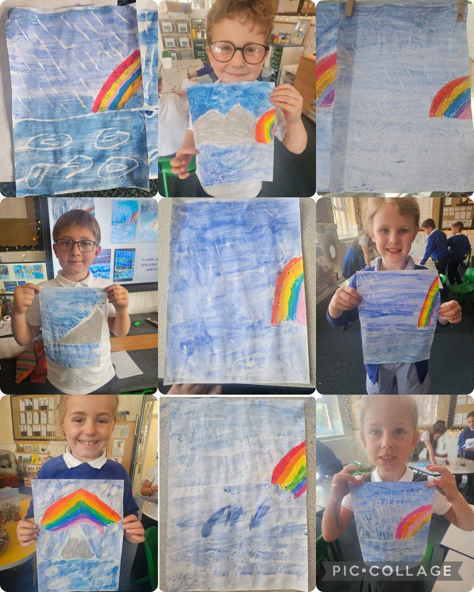stjosephskly's tweet photo. Olive Class have loved learning all about rain during  Outdoor learning this afternoon . We learnt a poem and produced some beautiful rain art using oil pastels and water colours .🌧🌧🌈 #SJKOutdoorlearning #OliveClass https://t.co/ffnXE16pjl
