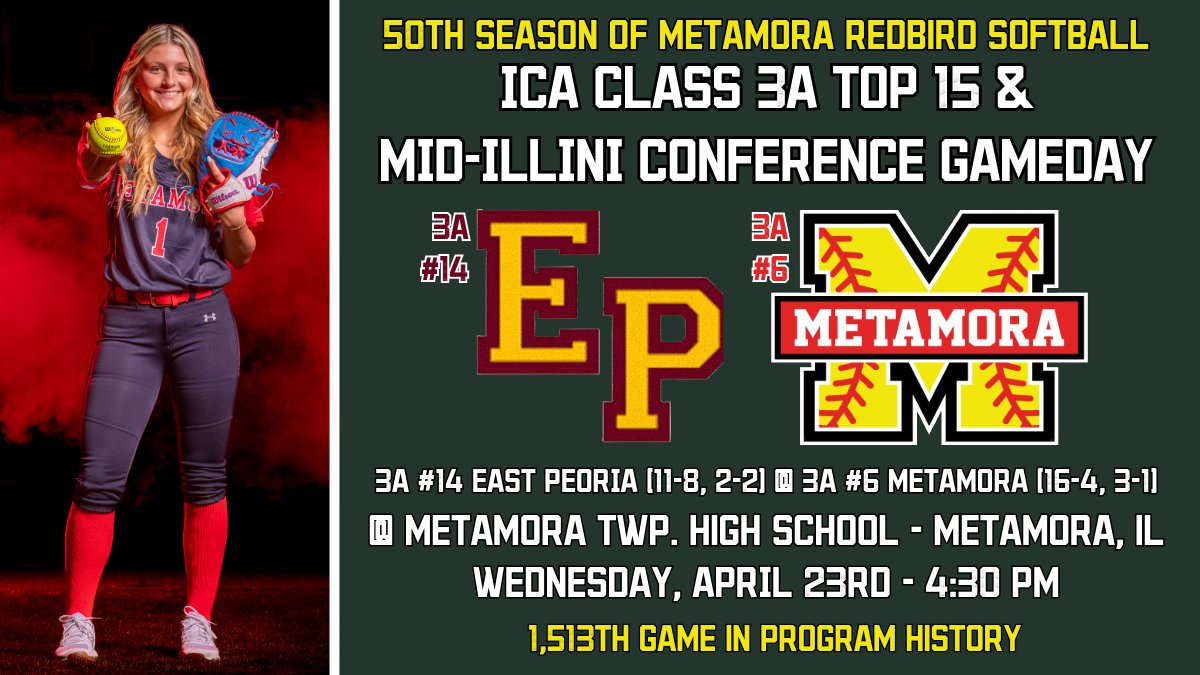 StaabAlex's tweet photo. Got a good one today. See you at the ballpark!

🥎 | 3A #6 @SoftballMTHS 
🆚 | 3A #14 East Peoria
📍 | MTHS
🕰️ | 4:30 PM
🌥️ | 82 degrees, partly sunny, 6mph wind in from RCF
📺 | https://t.co/8iSCWSJffg
📊 | GameChanger; "Metamora Varsity Redbirds"

#ONE #pjspreps https://t.co/DnFb1DJkyK