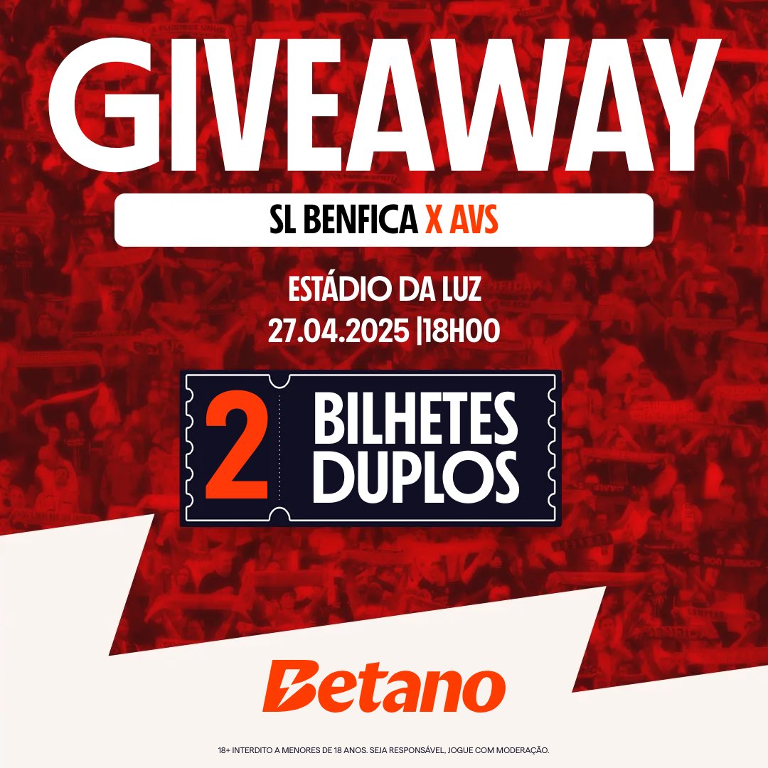 GIVEAWAY de 4 bilhetes ! 🦅

SL Benfica 🆚 AVS

-Seguir <a href="/1amorbenfica/">Primeiro Amor Benfica</a> e <a href="/Betano_PT/">Betano Portugal 🔞</a> 
-Dar Retweet na publicação 

Vencedor será anunciado dia 26, boa sorte!
