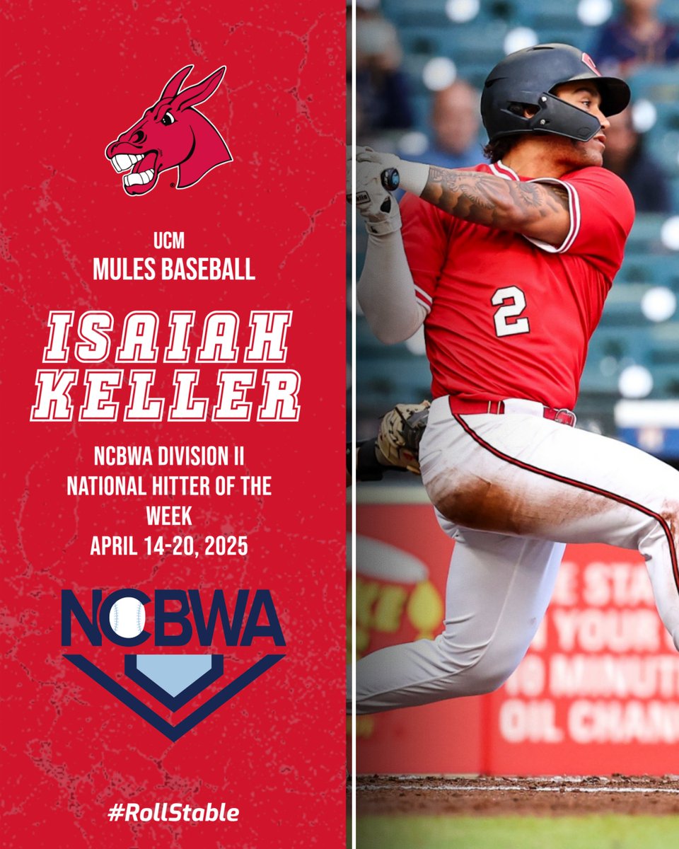 Your <a href="/NCBWA/">NCBWA</a> Division II National Hitter of the Week for April 14-20:

Isaiah Keller, OF, University of Central Missouri

He's the first Mule to earn NCBWA National Hitter of the Week honors since Brennen van Breusegen in 2022.

📝 | bit.ly/3EBoH3i

#teamUCM x #RollStable