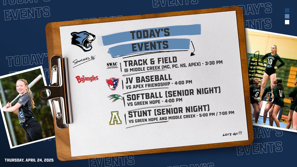 It's Game Day! We have Softball (take two) and Stunt Senior Nights tonight at PC. We also have JV Baseball in action tonight with Track and Field on the road for their last regular season meet before the conference meet. Let's Go Senior Cats! #OwnIt