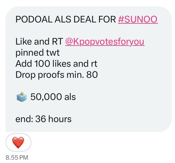 PODOAL ALS DEAL FOR #SUNOO 

Like and RT <a href="/Kpopvotesforyou/">kpopvoting | mcd higher fancast idol champ my1pick</a> pinned twt
Add 100 likes and rt
Drop proofs min. 80

🗳️ 50,000 als

end: 36 hours