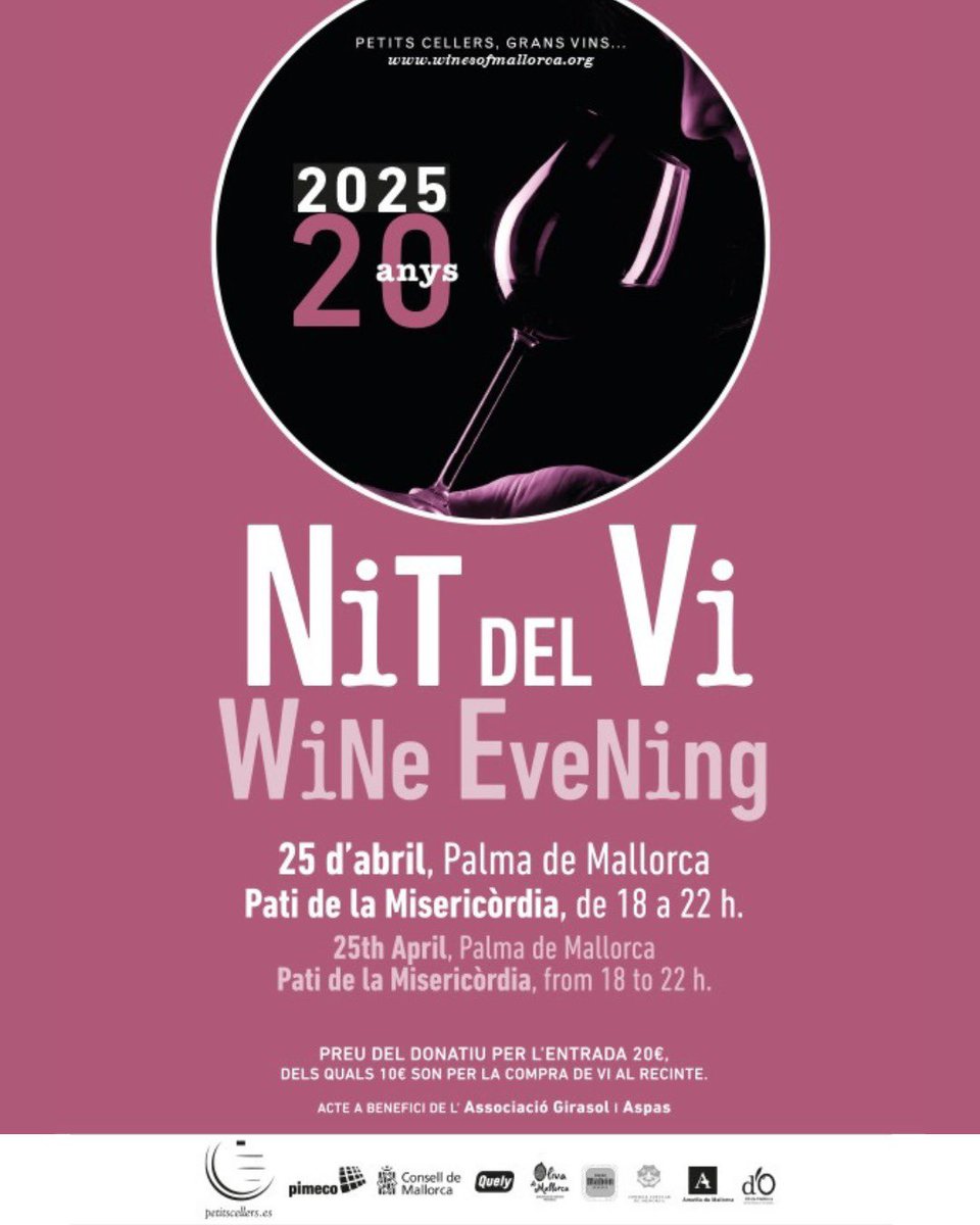 🍷 Demà celebram 20 anys de la #NitDelVi!
Vine al Pati de la Misericòrdia i descobreix els sabors únics dels petits cellers de Mallorca 🍇✨

🎟 20 € (10 € per compra de vi)
🗓 25 d’abril – 18 h

#WineEvening #VinsDeMallorca