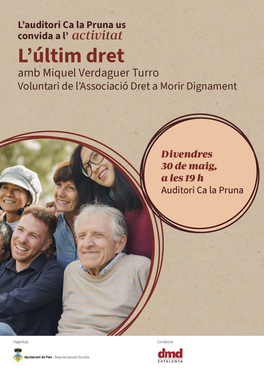 🎙️ L’últim dret amb Miquel Verdaguer Turro, voluntari de l’Associació Dret a Morir Dignament
📅 Divendres 30 de maig
🕖 A les 19 h
📍 Auditori Ca la Pruna de #Pals
Una reflexió necessària sobre la llibertat de decidir en el tram final de la vida.