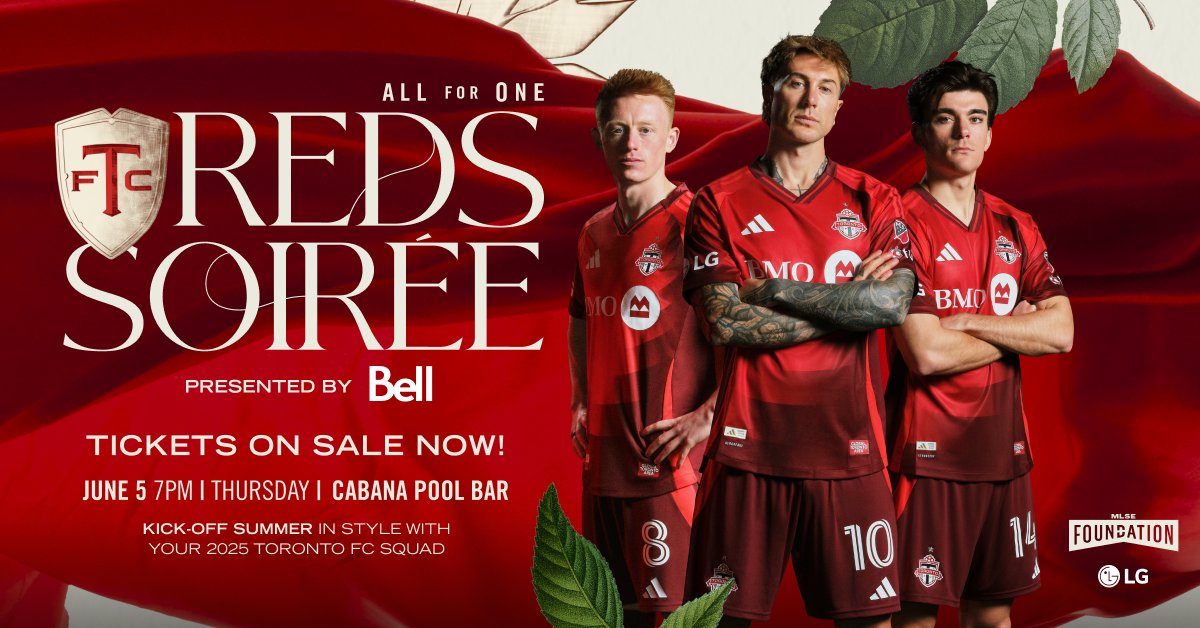 The 3rd Annual All For One: Reds Soirée, presented by <a href="/Bell/">Bell</a> is here!
Join us on June 5 <a href="/cabanatoronto/">Cabana</a> with <a href="/TorontoFC/">Toronto FC</a> in support of MLSE Foundation⚽
Get your tickets today 🎟️bit.ly/42YM6EX
#RedsSoirée #AllForOne