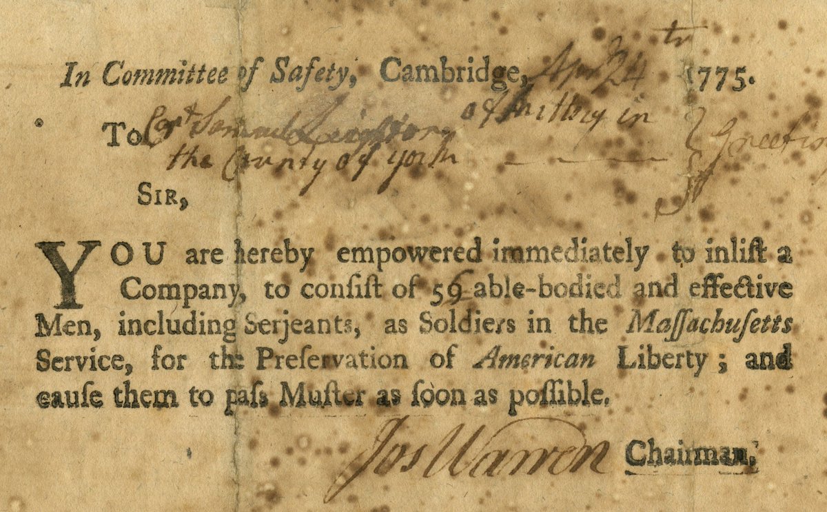 #OTD in 1775 this document in our collections authorized Samuel Leighton from Kittery in York County to “inlist a company, to consist of 59 [56] able-bodied and effective men…for the preservation of American liberty” after the Battles of Lexington and Concord.