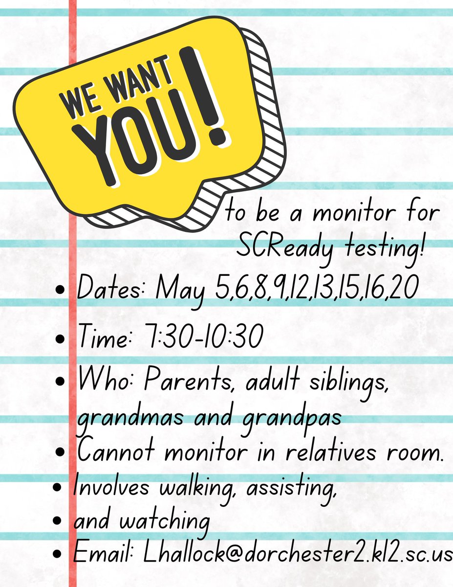 State testing is coming, &amp; we’d love your help! We’re looking for volunteers to be testing monitors 📝No experience needed—just your support &amp; a few hours of your time 💛
If you’re available, please email our Assistant Principal, Mrs. Hallock at lhallock@dorchester2.k12.sc.us

📷