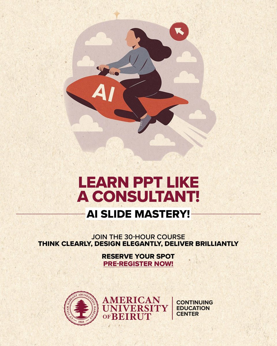 Learn to craft slides like a top-tier consultant in our 30-hour AI Slide Mastery course.
Think clearly. Design elegantly. Deliver brilliantly.
Limited seats — pre-register now to reserve your spot!

forms.office.com/pages/response…

#AUB #learn #Ai