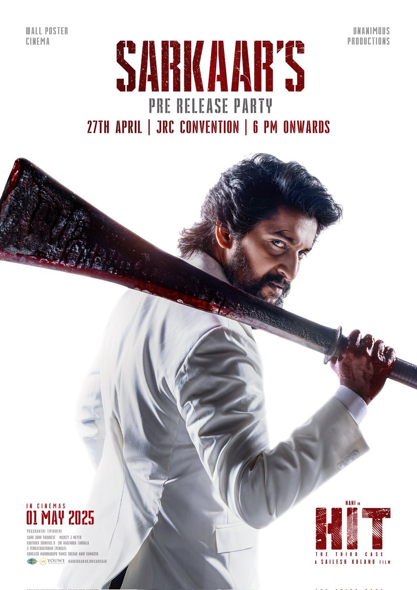 NaniFansArmy's tweet photo. SARKAAR'S PRE RELEASE PARTY on 27th April, 6 PM onwards at JRC Conventions ❤🔥
All are invited 😎
#HIT3 in cinemas from May 1st.
#AbkiBaarArjunSarkaar
#HIT3FromMay1st #NaniFansArmy https://t.co/883cINKlnG