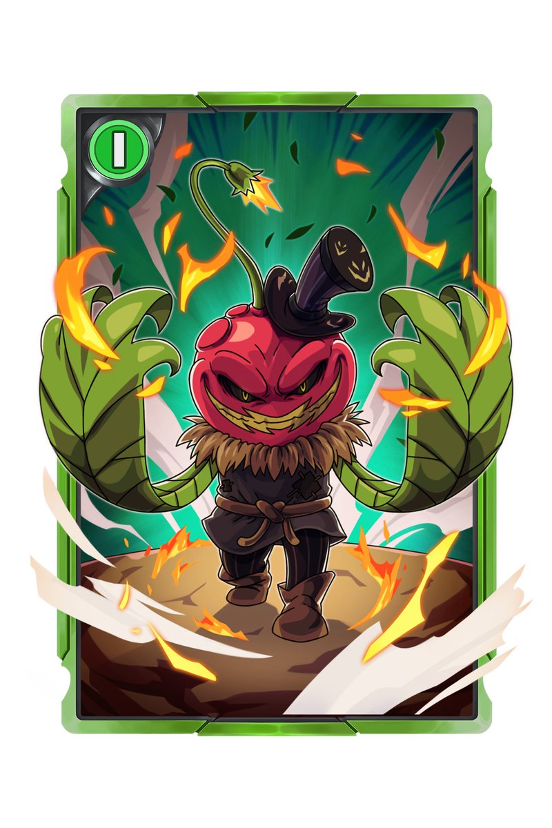 Here's the first render of Cherrybomb’s static tier card, complete with frame and stats! 

What do you think of this explosive mon? 💥