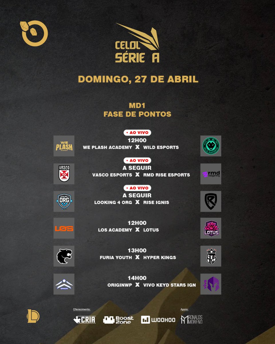 Liga GG (@ligagg_) on Twitter photo Depois da pausa de Páscoa, voltamos com tudo neste fim de semana de SÉRIE A!
No sábado teremos!
<a href="/RiseGamingBR/">Rise Gaming</a> x <a href="/vasco_esports/">Vasco eSports</a>
<a href="/wildesportsla/">Wild Esports</a> x <a href="/FURIA/">FURIA</a>
<a href="/HyperKingsOFC/">Hyper Kings E-sports</a> x <a href="/losgrandesgg/">LØS</a>
No Domingo!
<a href="/weplashacademy/">We Plash! Academy</a> x <a href="/wildesportsla/">Wild Esports</a>
<a href="/vasco_esports/">Vasco eSports</a> x <a href="/rmd_rise/">RMD Gaming</a>
#Looking4org x Depois da pausa de Páscoa, voltamos com tudo neste fim de semana de SÉRIE A!
No sábado teremos!
<a href="/RiseGamingBR/">Rise Gaming</a> x <a href="/vasco_esports/">Vasco eSports</a>
<a href="/wildesportsla/">Wild Esports</a> x <a href="/FURIA/">FURIA</a>
<a href="/HyperKingsOFC/">Hyper Kings E-sports</a> x <a href="/losgrandesgg/">LØS</a>
No Domingo!
<a href="/weplashacademy/">We Plash! Academy</a> x <a href="/wildesportsla/">Wild Esports</a>
<a href="/vasco_esports/">Vasco eSports</a> x <a href="/rmd_rise/">RMD Gaming</a>
#Looking4org x