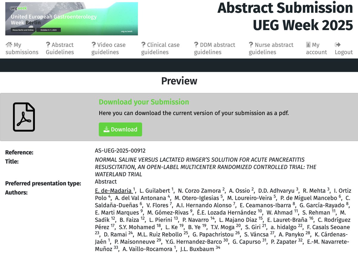 1/3
The abstract with the results of WATERLAND, an RCT comparing lactated Ringer's solution vs.normal saline in fluid therapy for acute pancreatitis, has just been submitted to the UEG Week Berlin October 25 <a href="/my_ueg/">United European Gastroenterology</a>