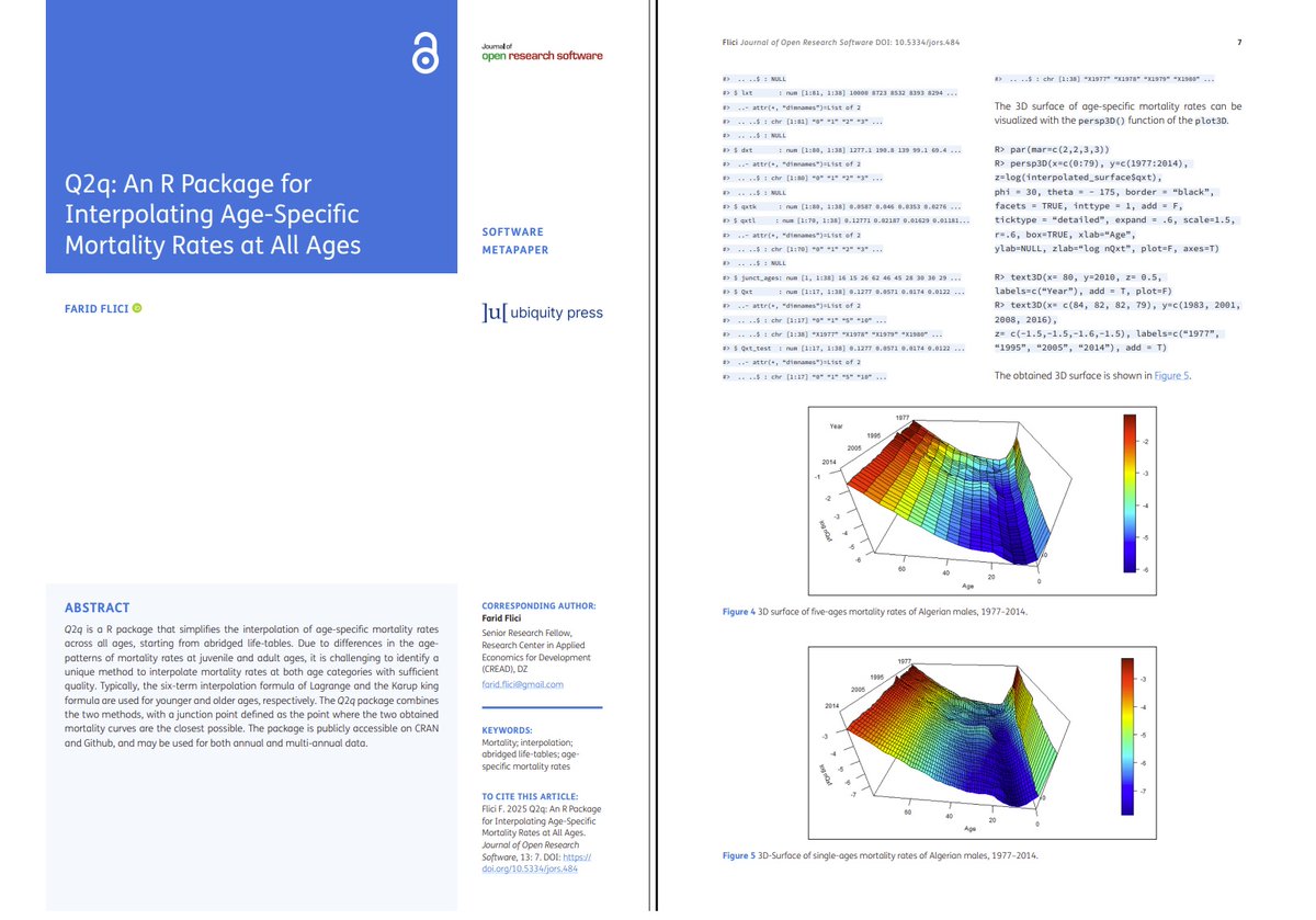 My software meta-paper, published in the Journal of Open Research Software, explores my R-package "Q2q: An R package for Interpolating Mortality Rates at All Ages". The paper includes practical examples based on data from Algerian and Japan. openresearchsoftware.metajnl.com/articles/10.53…